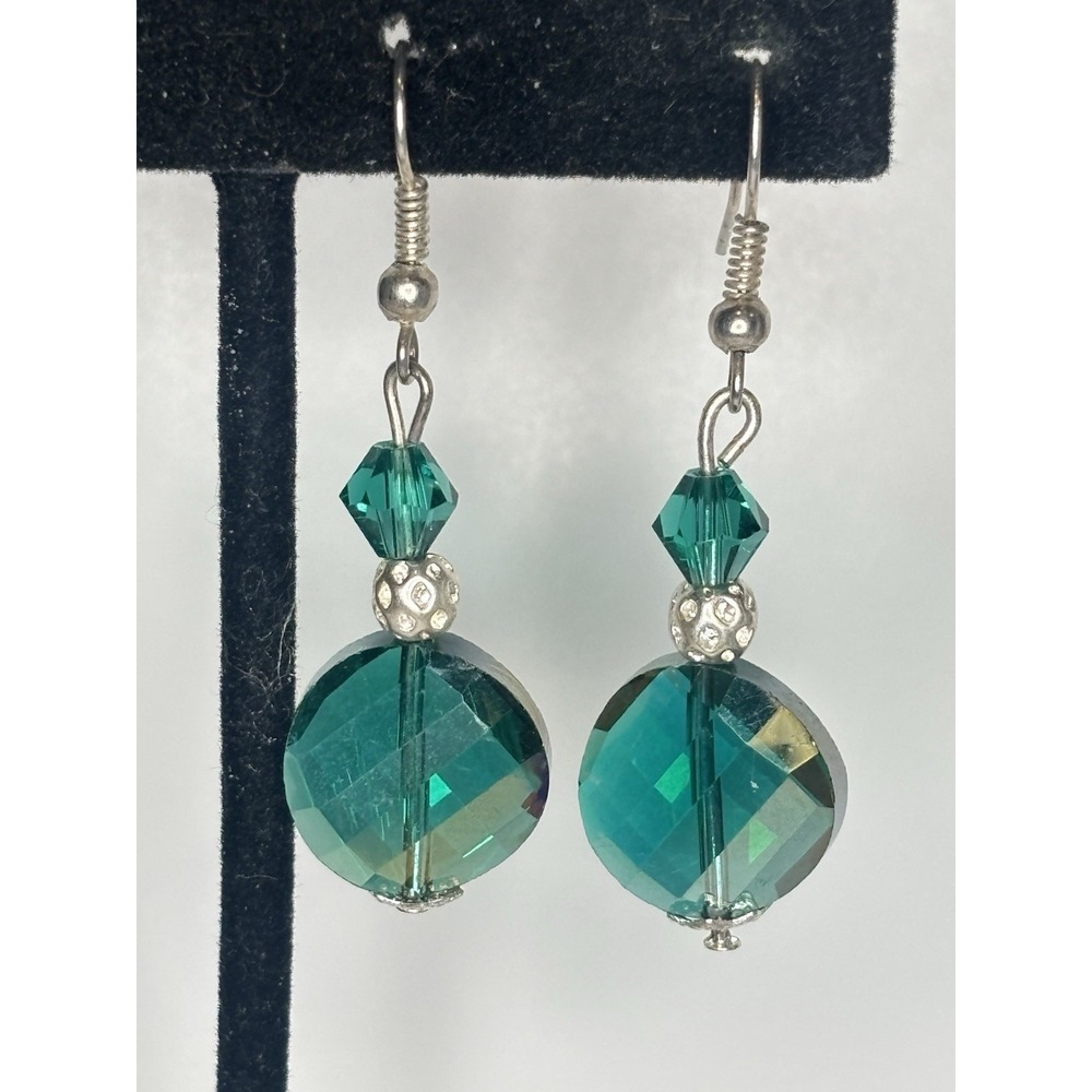 Emerald Green Faceted Glass Bead Dangle Earrings Silver Tone Handmade Style